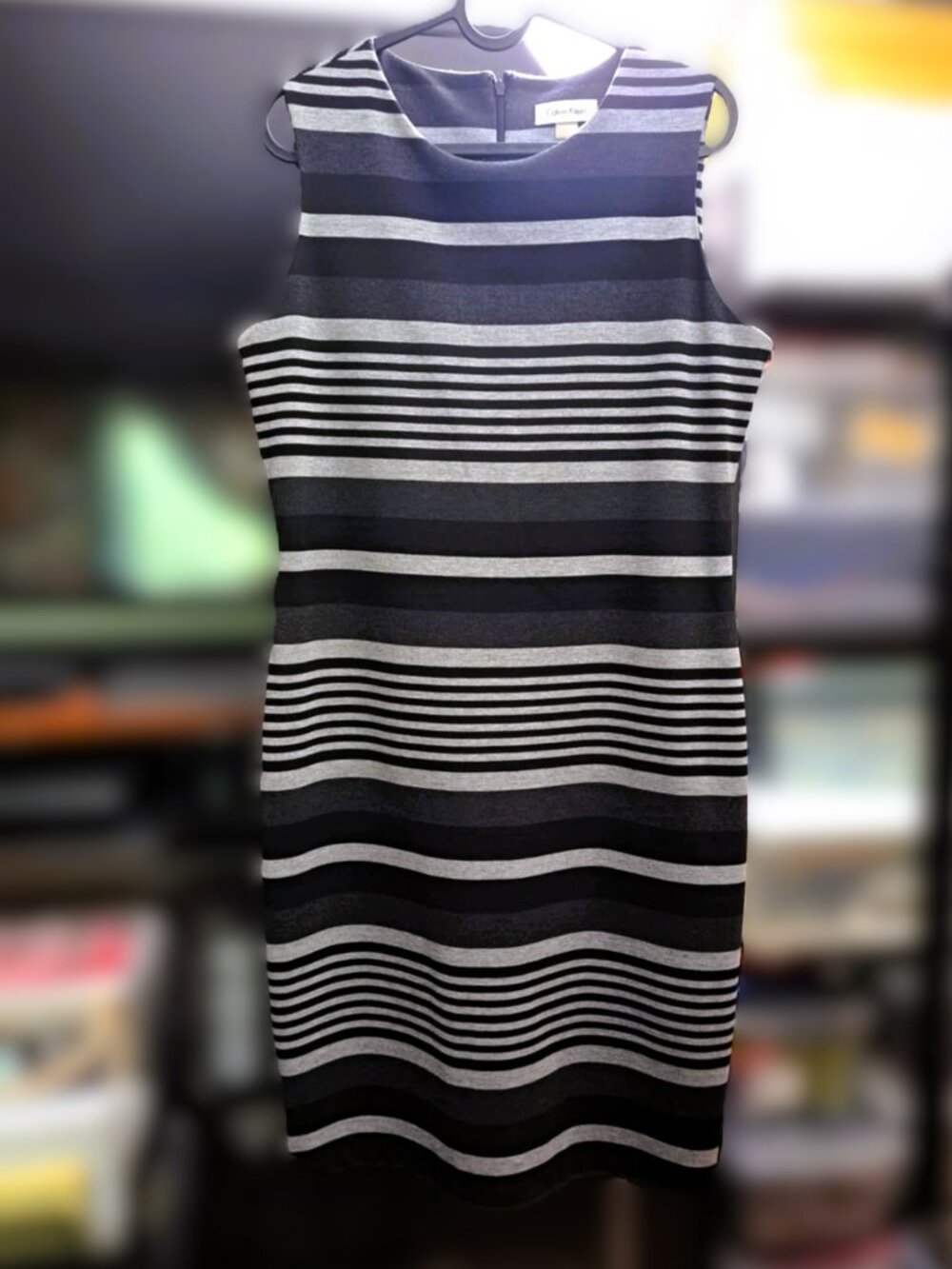 Calvin Klein Gray & Black Striped Sleeveless Sheath Dress Like New